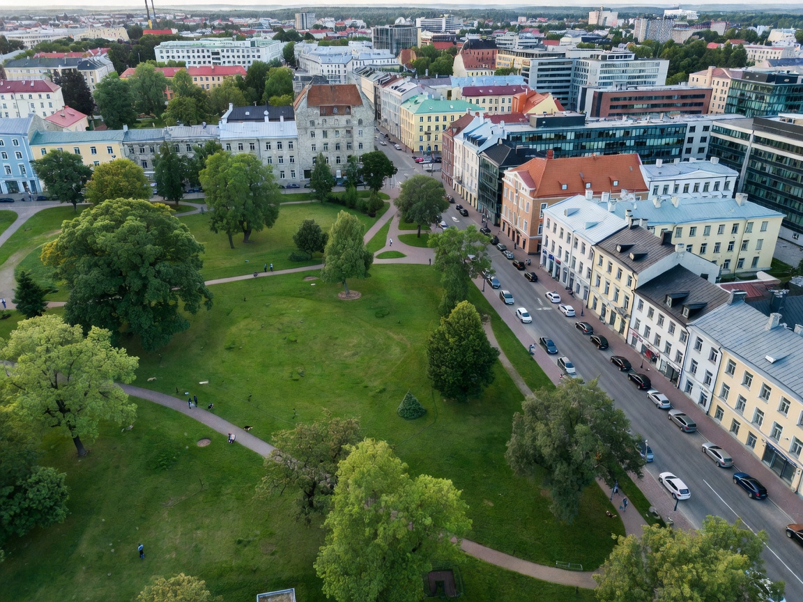Ilmakuva Politseiaedin puistosta ja Tallinnan keskustan kaduista Kreutzwaldi-kadun tuntumassa